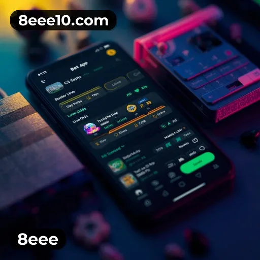 App 8eee para iOS e Android — interface mobile, login biométrico e PIX integrado